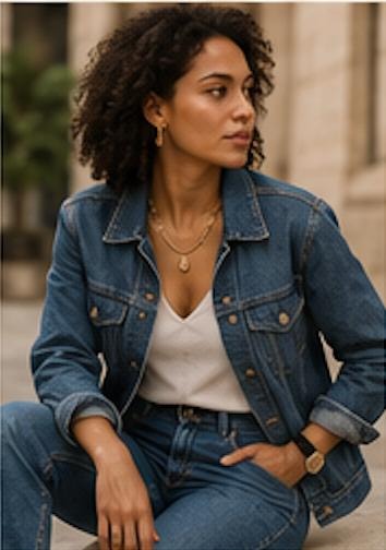 Woman in a softly tailored neutral outfit